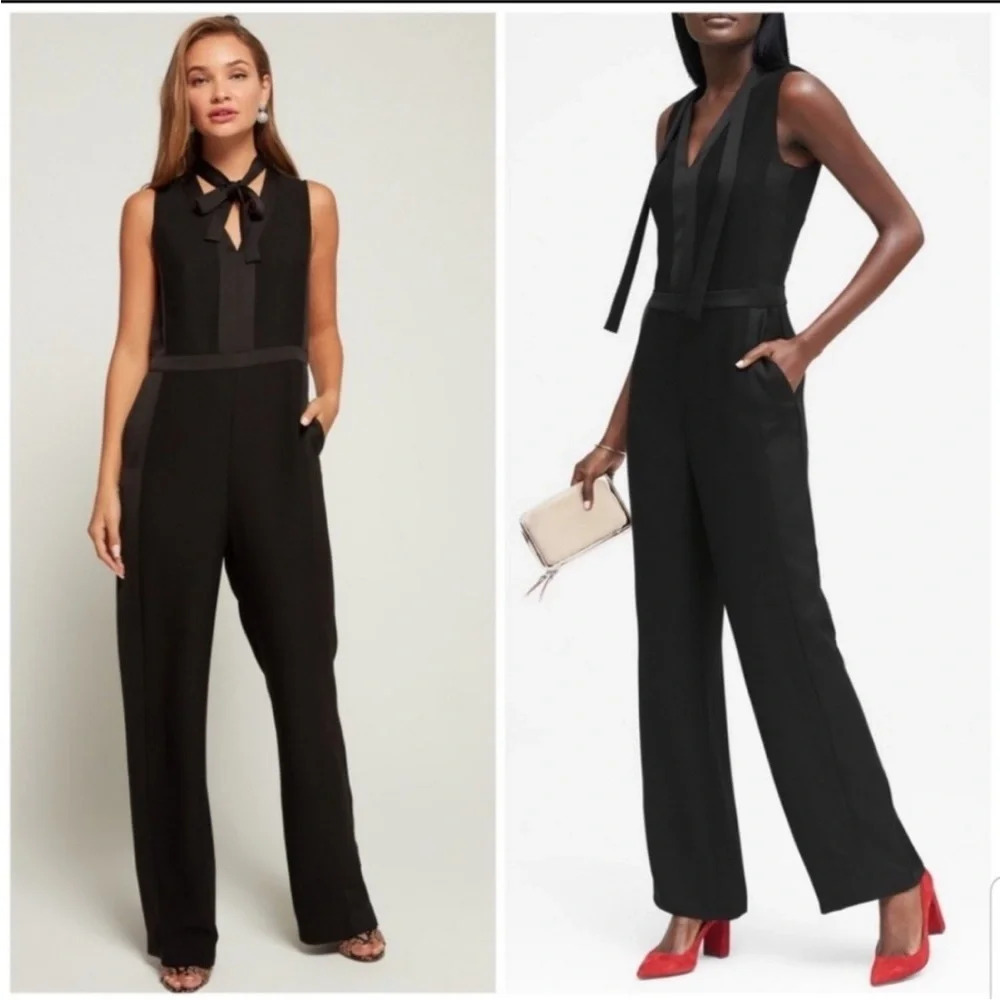 Banana‎ Republic Black Tux Shine Mix Jumpsuit 2 Tank Tie Neck